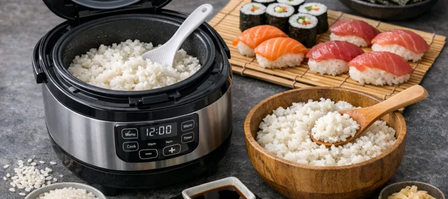 Reiskocher Sushi-Reis-Grundrezept fuer perfekte Klebrigkeit