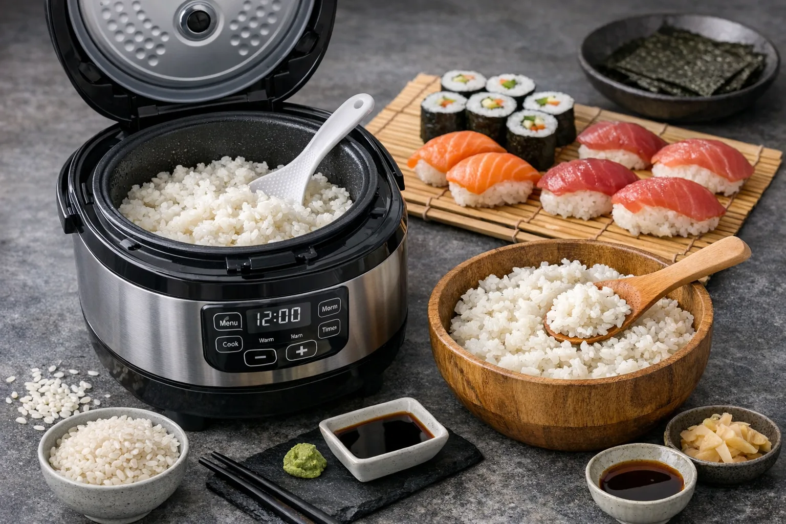 Reiskocher Sushi-Reis-Grundrezept fuer perfekte Klebrigkeit