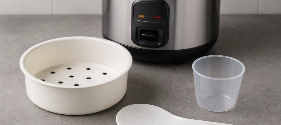 Praktisches Reiskocher Zubehoer: Dampfeinsaetze, Messbecher und Reisloeffel im Ueberblick