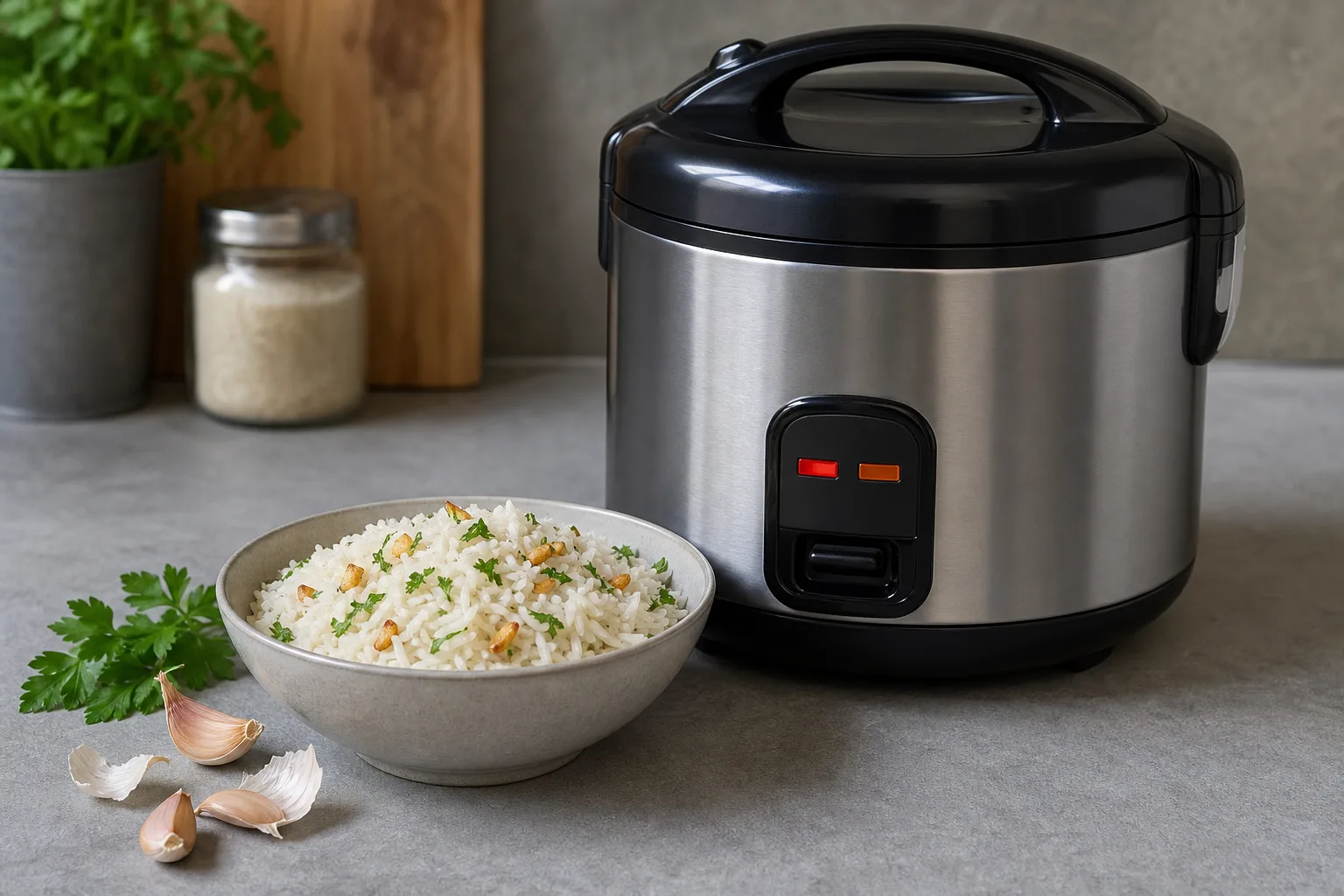 Reiskocher Basmatireis mit geroestetem Knoblauch und Petersilie