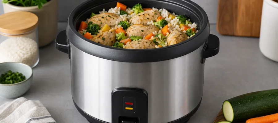 Reiskocher One-Pot Haehnchen mit Reis und Saison-Gemuese
