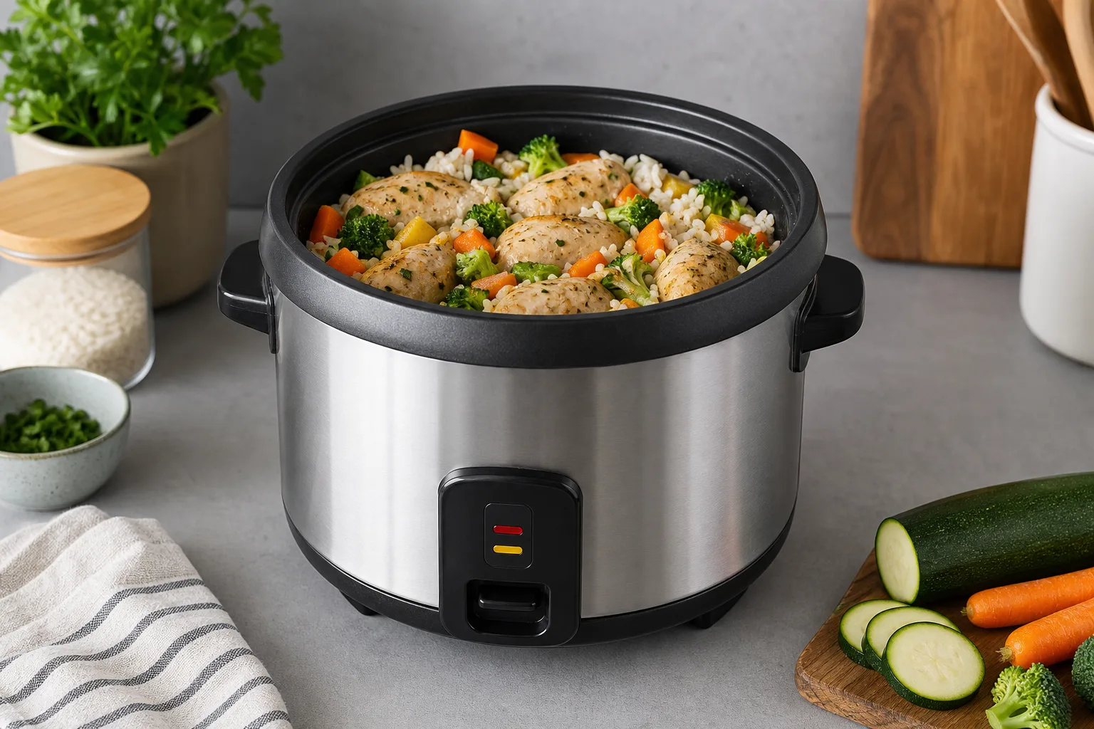 Reiskocher One-Pot Haehnchen mit Reis und Saison-Gemuese